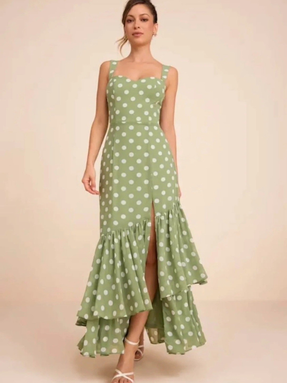 Raynelle Light Green Polka Dot Lace Up Tiered Maxi Dress LULUS Medium
